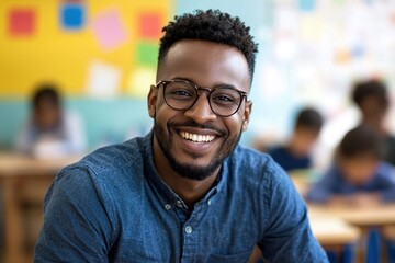 Happy multiethnic male teacher smiling at primary school