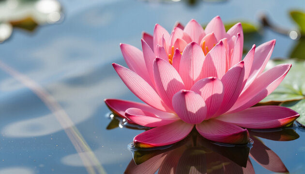 Lotus flower blooming peacefully on tranquil lake, symbol of serenity