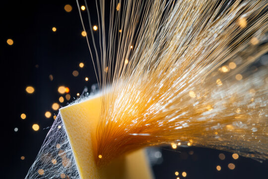 Thin golden strands burst dynamically from a yellow block, illuminated with sparkling light particles in a dark setting. - Powered by Adobe