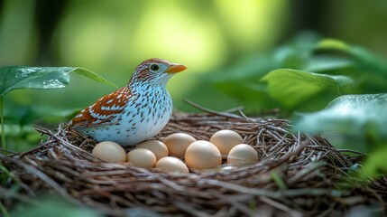Brown thrasher perched on nest protecting eggs in lush green forest
