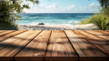 Fototapeta premium Empty wooden table overlooking beautiful tropical beach paradise