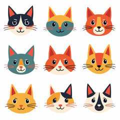 Сats set, collection in doodle style isolated vector, Cute cartoon cat head vector art illustration bundle set	