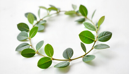 Minimalist laurel wreath resting on white background, symbol of purity