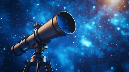 Powerful telescope aims at starry night sky.  Detailed view of astronomical instrument
