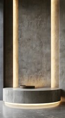 A modern podium with a polished stone surface and soft, ambient lighting, creating a clean, minimalistic space for showcasing products.