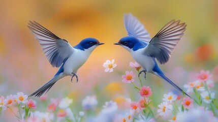 Obraz premium Two ultramarine flycatchers hovering over flowers at sunset