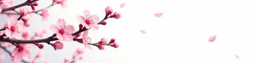 Obraz premium Tree branches with flowers or blossoms in a simple white environment, white background, blooming, simple