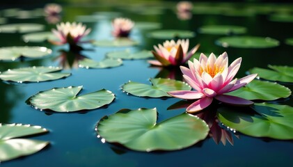 Water lilies and other flora create a repeating pattern on still lake, yellow, aquatic