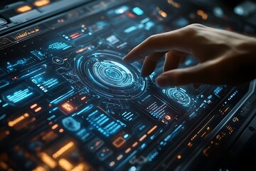 Futuristic interface of a business plan management tool, with sleek controls, holographic displays, and digital analytics