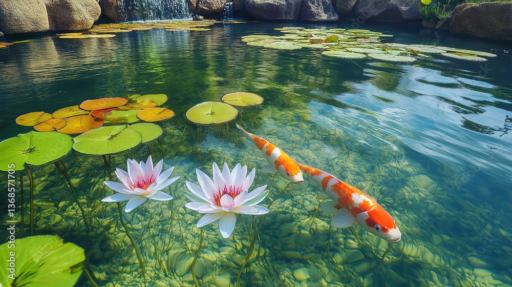 Poster a crystal-clear lagoon with floating lilies and koi fish beneath the surface.