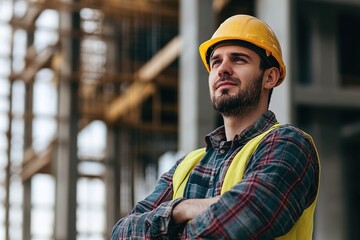 Successful construction site worker thinking