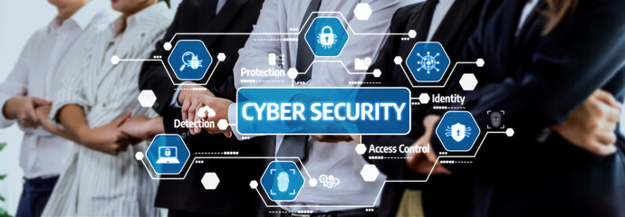 A professional team discusses cyber security strategies, surrounded by digital icons representing protection, detection, and access control, highlighting the importance of safety. Amity