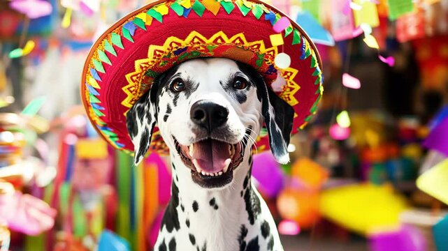 Day of the Dead celebrations with colorful decorations and a dalmatian in a joyful atmosphere