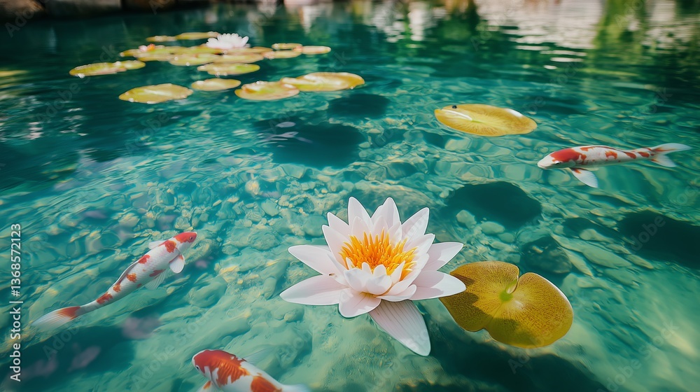 Poster a crystal-clear lagoon with floating lilies and koi fish beneath the surface.