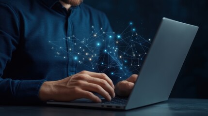 A person types on a laptop with digital connections and data visualizations emerging from the screen, symbolizing technology and innovation likely useful for tech articles or futuristic concepts,