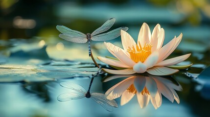 A delicate dragonfly resting on a lotus floating in a tranquil pond
