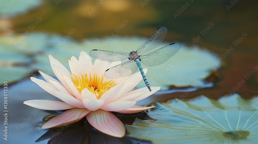 Poster A delicate dragonfly resting on a lotus floating in a tranquil pond