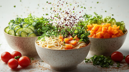 Fresh vegetables and noodles are beautifully arranged in bowls, topped with herbs and spices, creating vibrant and colorful meal
