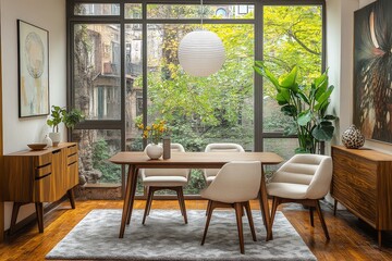 Obraz premium Modern dining room with oak wood table, chairs, beige chair, white pendant light, large window, and grey rug, featuring Calligari style design.