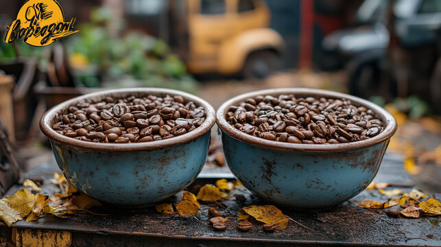 Freshly roasted coffee beans in rustic bowls, surrounded by autumn leaves, create warm and scene. rich aroma and texture of beans evoke sense of comfort and relaxation