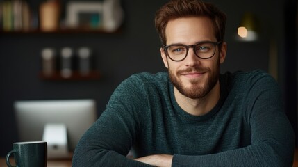 A young man with glasses sits at a desk with a relaxed smile, exuding confidence, This image is ideal for articles on professional advice, lifestyle, or personal branding,
