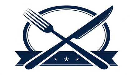 A classic emblem of culinary excellence: crossed fork and knife with a navy blue ribbon and plate design, conveying timeless elegance and sophisticated dining.