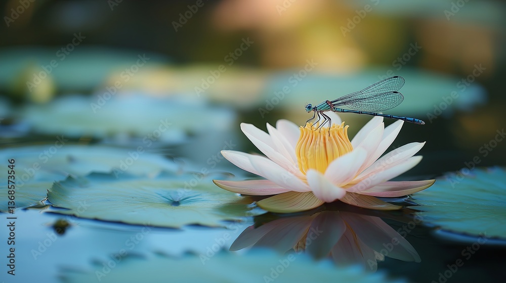 Poster A delicate dragonfly resting on a lotus floating in a tranquil pond