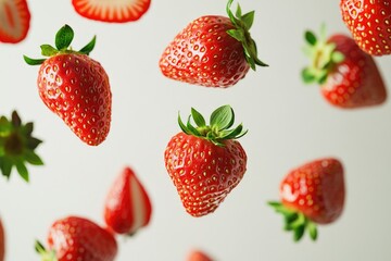 Macro close-up of multiple fresh strawberries floating and flying in mid-air against a light, neutral background. 