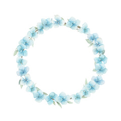 Watercolor wedding vintage wreath with  blue hydrangea. Hand drawn floral isolated illustration on white background.
