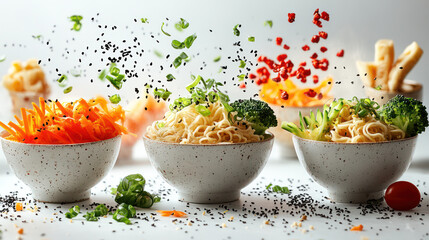 Fresh noodles with vegetables, sesame seeds, and spices in bowls create vibrant culinary scene. colorful ingredients evoke sense of excitement and flavor