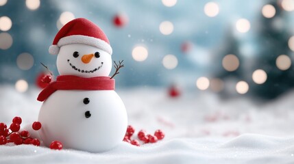 Fototapeta premium Festive snowman in snowy winter scene