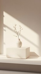 A minimalist podium with sharp geometric lines and soft integrated lighting, providing a clean, modern backdrop for product presentation.