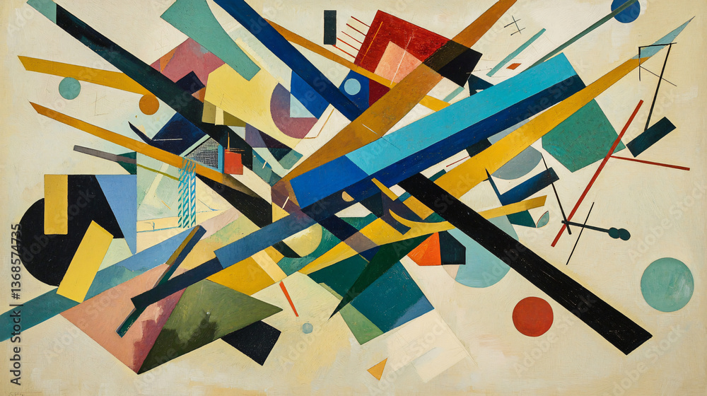 Poster a colorful abstract painting depicting various geometric shapes in motion creating a dynamic and eng