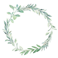 Watercolor wedding vintage wreath with eucalyptus branches. Hand drawn floral isolated illustration on white background.