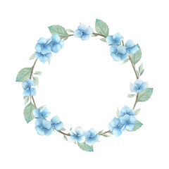 Watercolor wedding vintage wreath with blue hydrangea. Hand drawn floral isolated illustration on white background.