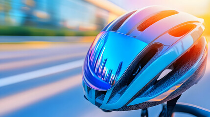 Fototapeta premium A sleek cycling helmet on a bike glimmers in the evening light against an urban backdrop