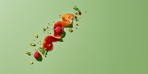 Whimsical Delight: A captivating swirl of vibrant ingredients dances across a soft green canvas. From the luscious hue of the primary elements to the delightful details.