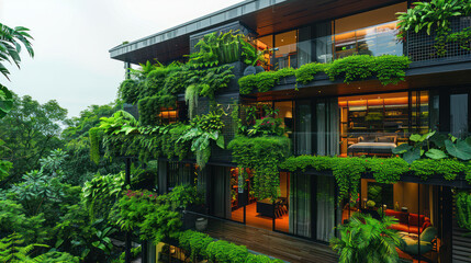 Fototapeta premium Modern building with green roofs and walls, surrounded by lush vegetation, sustainable architecture and nature integration. serene environment living experience