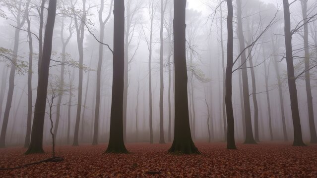 Misty forest landscape with tall trees and fallen leaves  