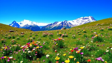 Fototapeta premium Colorful wildflowers blooming in a vibrant mountain landscape 