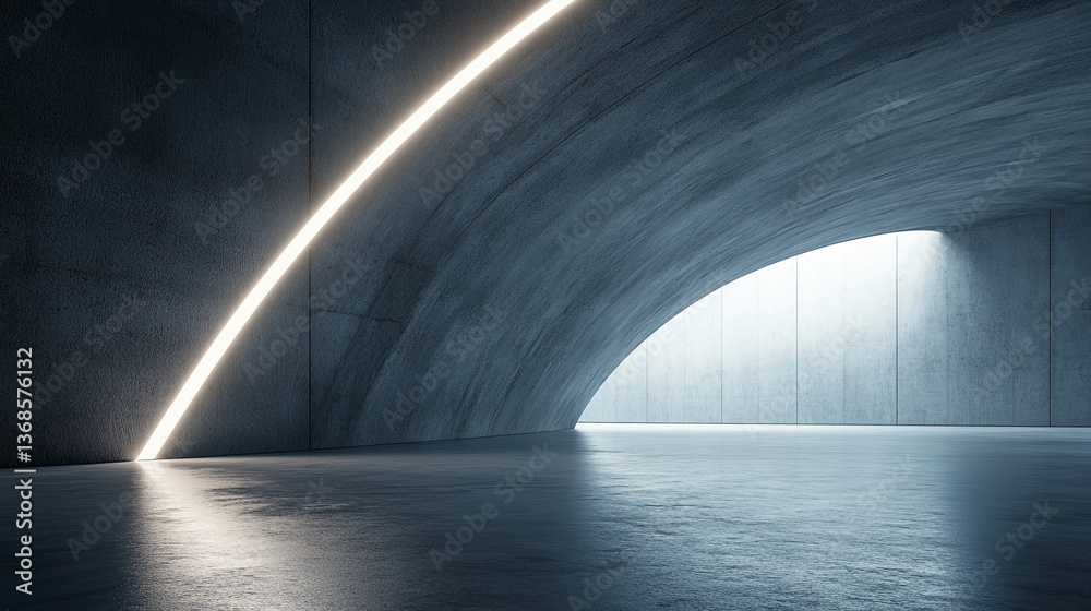 Poster modern concrete architecture interior, showcasing a curved wall with integrated lighting, creating a