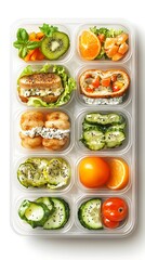Healthy meal prep lunch box with various fruits, vegetables, and protein.