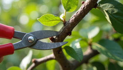 Pruning process with sharp shears on fruit tree branch, nature care