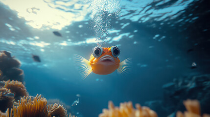 Obraz premium vibrant underwater scene featuring inflated puffer fish surrounded by colorful coral. fish displays large eyes and curious expression, creating lively