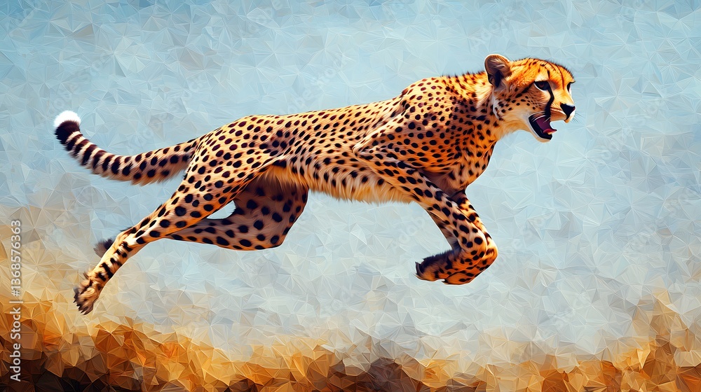 Poster abstract polygonal minimalist representation of a cheetah in motion with geometric shapes and vibran