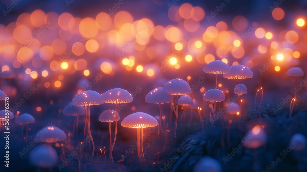 Aufkleber a field of glowing mushrooms under a twilight sky