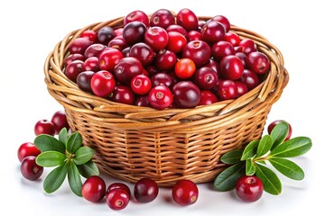 A wicker basket full of ripe cranberries with fresh green leaves