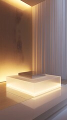 Obraz premium A transparent podium with a frosted surface and subtle LED lighting, softly illuminated from beneath to highlight a modern product.