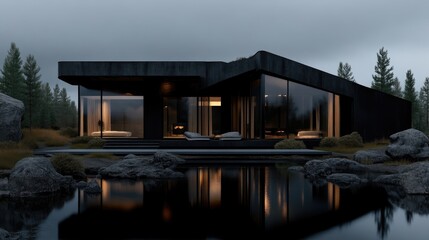 Obraz premium Modern, dark house with a reflecting pool. Dark, contemporary exterior, with large windows. Evening ambiance, surrounded by rocks and trees