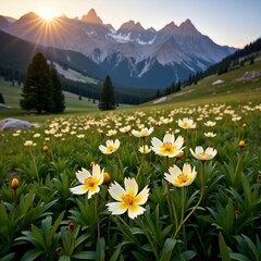 Fototapeta premium Scenic image of Mule Ear wildflowers at sunrise in the Wasatch mountains of northern Utah.